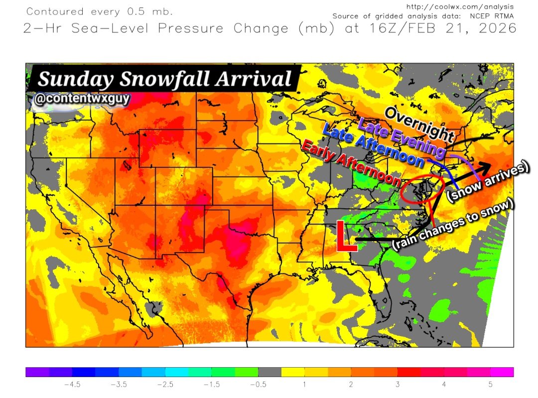 Lowering pressures out east as our storm system increasingly comes together.
Approximate snowfall start times listed for tomorrow.