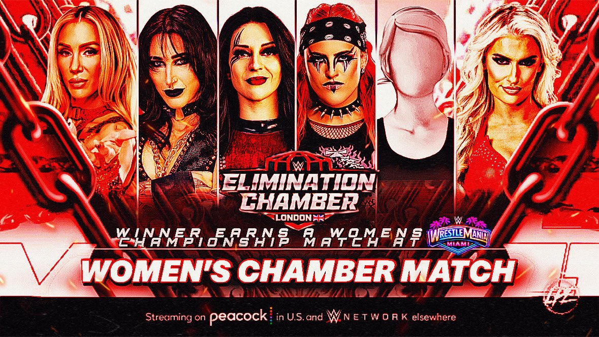 S2lWrestling's tweet image. 🚨ITS OFFICIAL🚨

At #S2LEliminationChamber⛓️🚨

⛓️Women’s Elimination 
Chamber Match⛓️

🔥Stephanie Vaquer @aescado 
⚡️Zaria
⛓️‍💥Rhea Ripley
👑Charlotte Flair
🪞Mariah May

Who will earn a shot to face The Women’s Champion and punch their ticket to #S2LWrestleMania🌴💖?