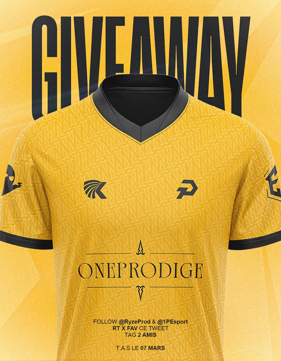 🎁GIVEAWAY MAILLOT OFFICIEL 🎁

On vous fait gagner un maillot 👕

Pour participer :
✅ Follow <a href="/oneprodige/">1P Esport</a> /<a href="/RyzeProd/">Ryze</a>
✅ RT le Tweet 
✅ Mentionne 2 personnes en commentaire

Fin du concours le 7 mars
Bonne chance à tous 🍀🔥
#1PWIN