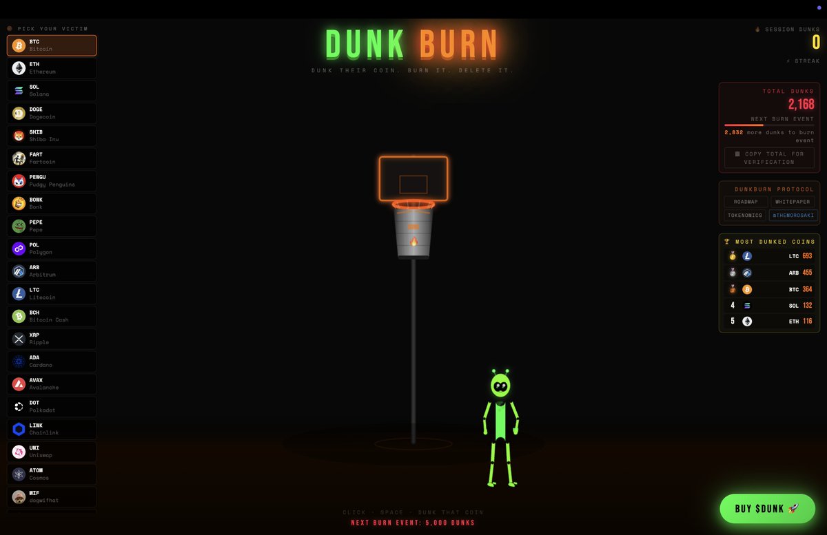GUI updates: 
1. Added alien character to shoot
2. Added Buy button
3. updated Tokenomics
4. Added BURN flaming logo
5. Fixed coin logos on leaderboard

Continue to $DUNK  to #BURN.
#SolanaAirdrop #memecoin #pumpfun #BONK #bags
