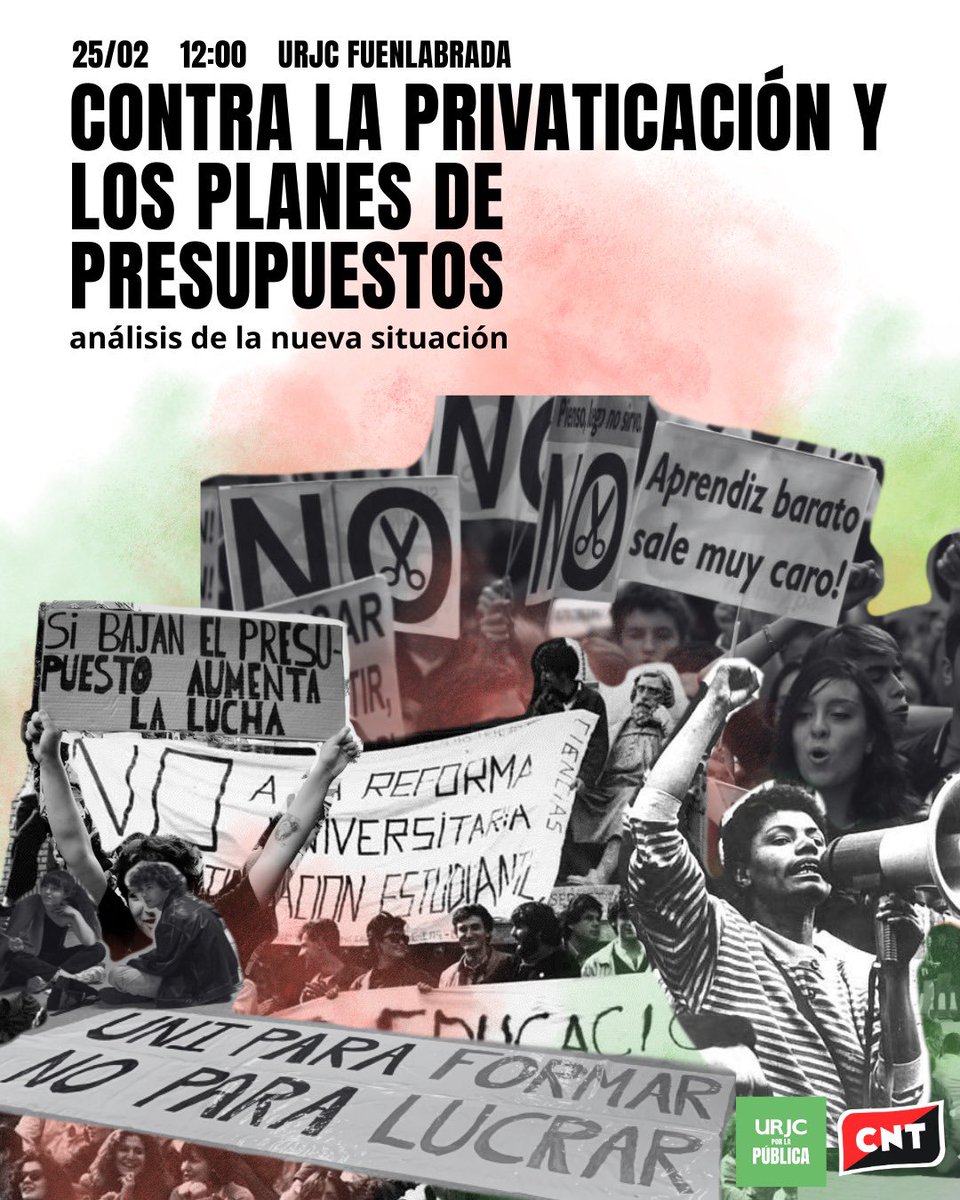 El 25 de febrero hablamos sobre la ofensiva privatizadora y los planes de presupuestos en las universidades públicas. El cese de Viciana y la supuesta paralización de la LESUC no puede desmovilizarnos. 

Con CNT y URJCxLaPública. 

🕒 12-00 
📍Aula por confirmar, URJC Fuenlabrada