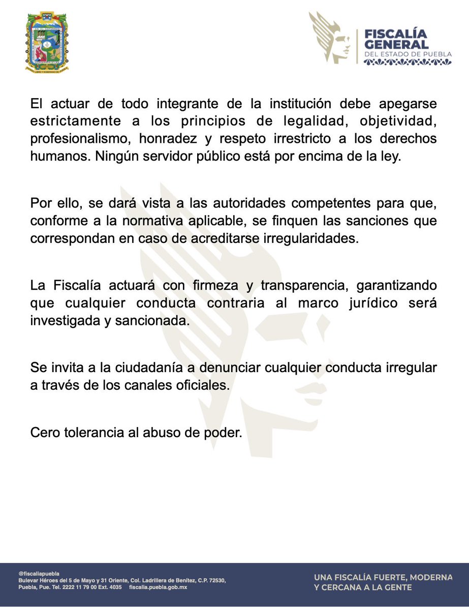 retodiariomx's tweet image. 🚨 Cero tolerancia al abuso de poder.

La Fiscalía General del Estado de Puebla informó que, tras la difusión de un video en redes sociales, activó de inmediato los protocolos para verificar su autenticidad y contexto.

Se inició una revisión interna para esclarecer los hechos y,