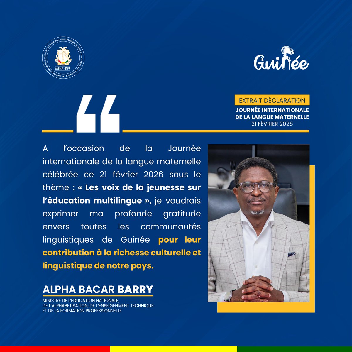 MENAETFP's tweet image. 🇬🇳 | Journée internationale de la langue maternelle – 21 février 2026

#JournéeInternationaleDeLaLangueMaternelle #LanguesMaternelles
#Multilinguisme #ÉducationMultilingue
#Jeunesse #DiversitéCulturelle
#PatrimoineLinguistique #Guinée