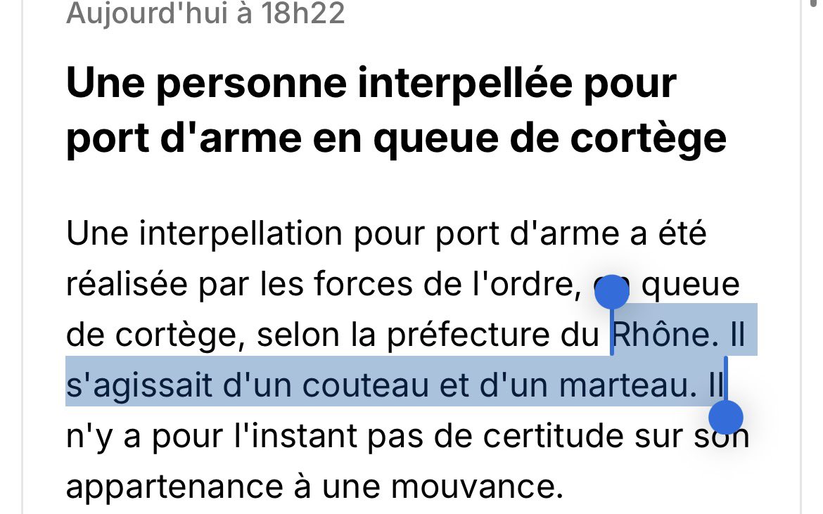 🚨 ALERTE - La police a arrêté un manifestant à la manifestation NEOFASCISTE à Lyon qui était en possession d’ARMES

Faites attention à vous amis lyonnais, la soirée va être longue.