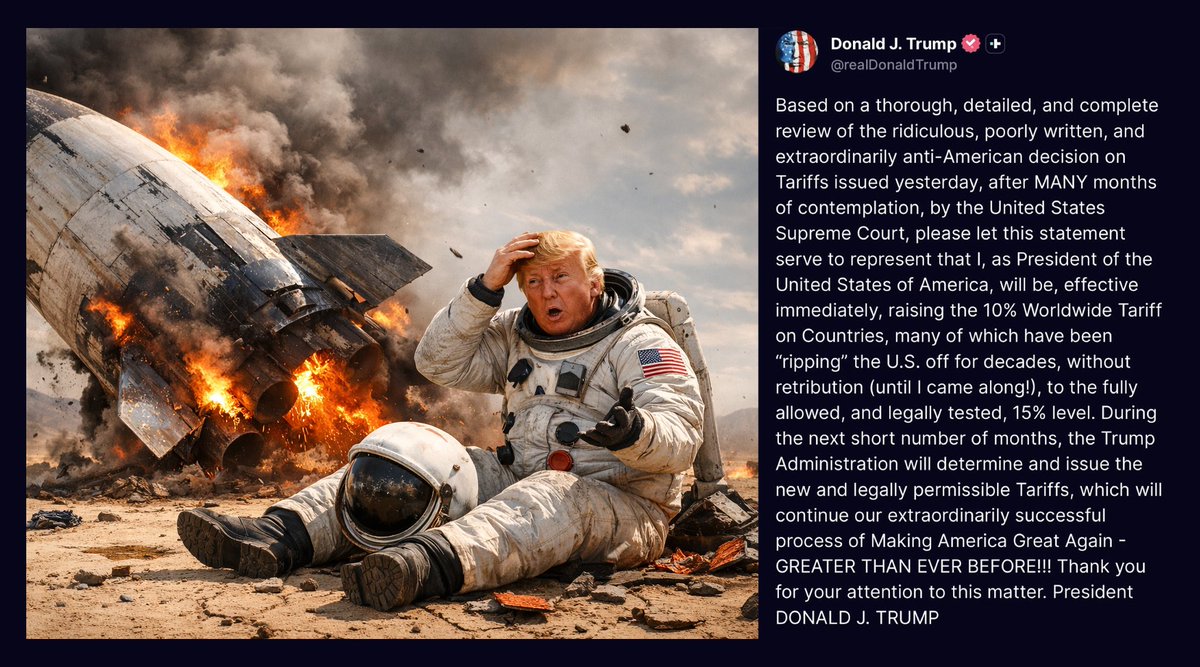 lactetue's tweet image. L’Illusion du Turbo : Pourquoi le « 15 % » de Trump est une batterie sans chargeur

On est le samedi 21 février 2026. Alors que Washington devrait être plongé dans le silence de la réflexion après le séisme constitutionnel d'hier, la Maison Blanche a sorti ses plus beaux