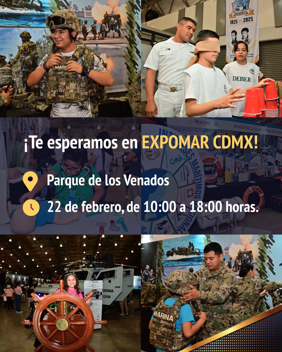 ¡Te esperamos en EXPOMAR #CDMX! ⚓✨
Mañana 22 de febrero, acompáñanos en el Parque de los Venados, de 10:00 a 18:00 horas, y convive con personal naval.

Contaremos con módulos navales donde podrás descubrir lo que hacemos y cómo servimos a México:

🛟Estación Naval de Búsqueda