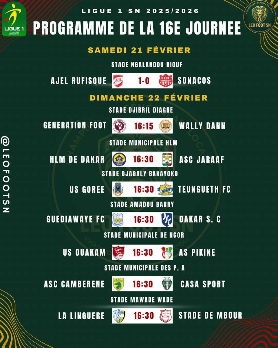 LEOFOOTsn's tweet image. COUP DE SIFFLET FINAL À NGALANDOU DIOUF !

L'Ajel de Rufisque s'impose sur la plus petite des marges face à la Sonacos au terme d'un match très disputé 

✅ Score final :
AJEL DE RUFISQUE 1-0 SONACOS
🎯 Buteur : Lamine Sagna (67’)

#Ligue1SN #AjelSonacos #FootLocalSN #LeoFootSN