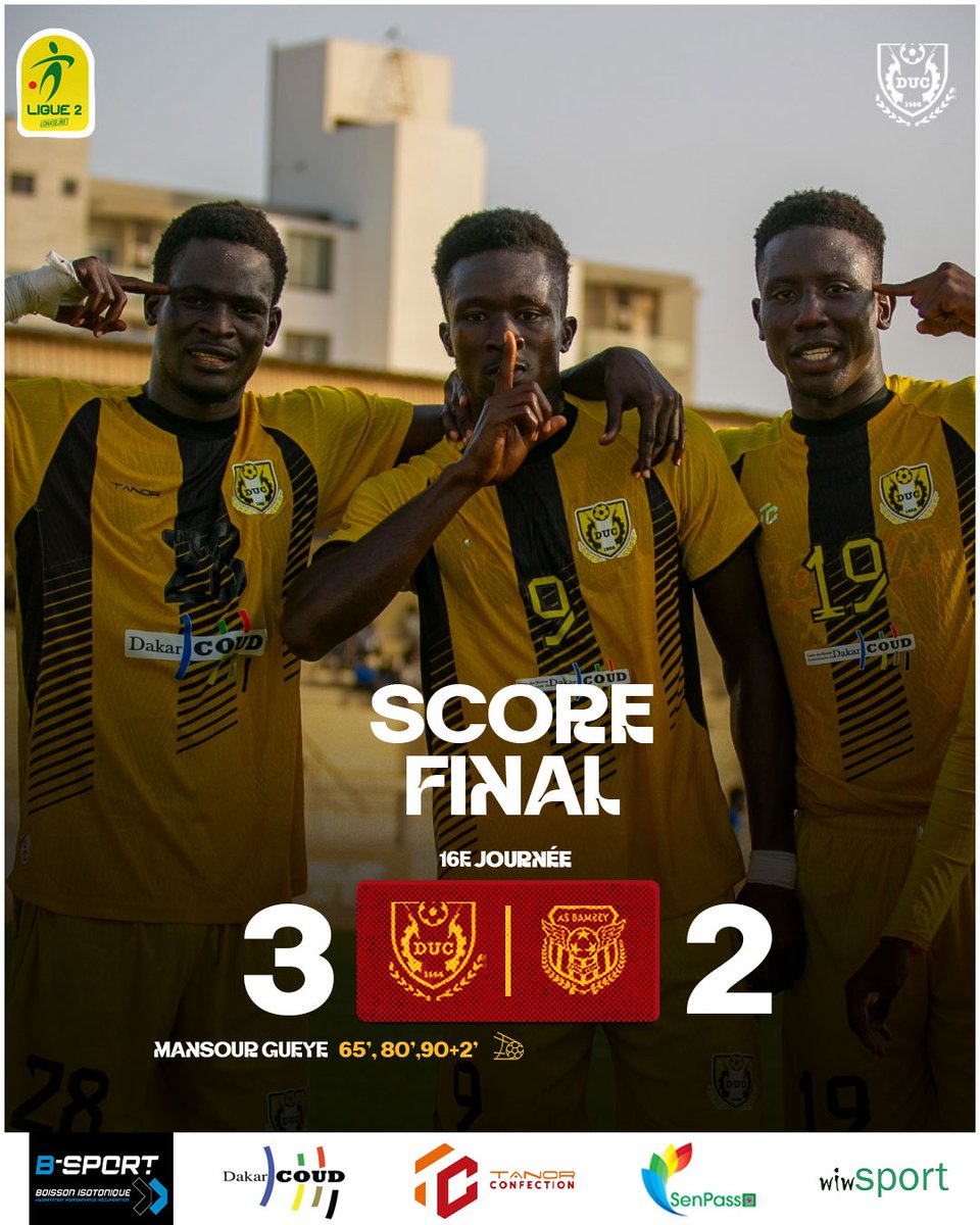 ducfoot's tweet image. REMONTADAAAA 🟡⚫️

⚔️ DUC 3 🆚️ 2 AS BAMBEY
⚽️ Mansour Gaye 65', 80', 92+2
🗓 #16e journée #Ligue2

#DUC #COUD #UCAD #LSFP #LIGUE2SN