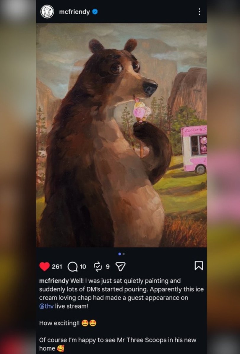 [INFO] Alison Friend shared a new post expressing her gratitude to Taehyung for having her painting in his new home 💖

👩‍🎨:'Well! I was just sat quietly painting and suddenly lots of DM’s started pouring. Apparently this ice cream loving chap had made a guest appearance on @/thv+