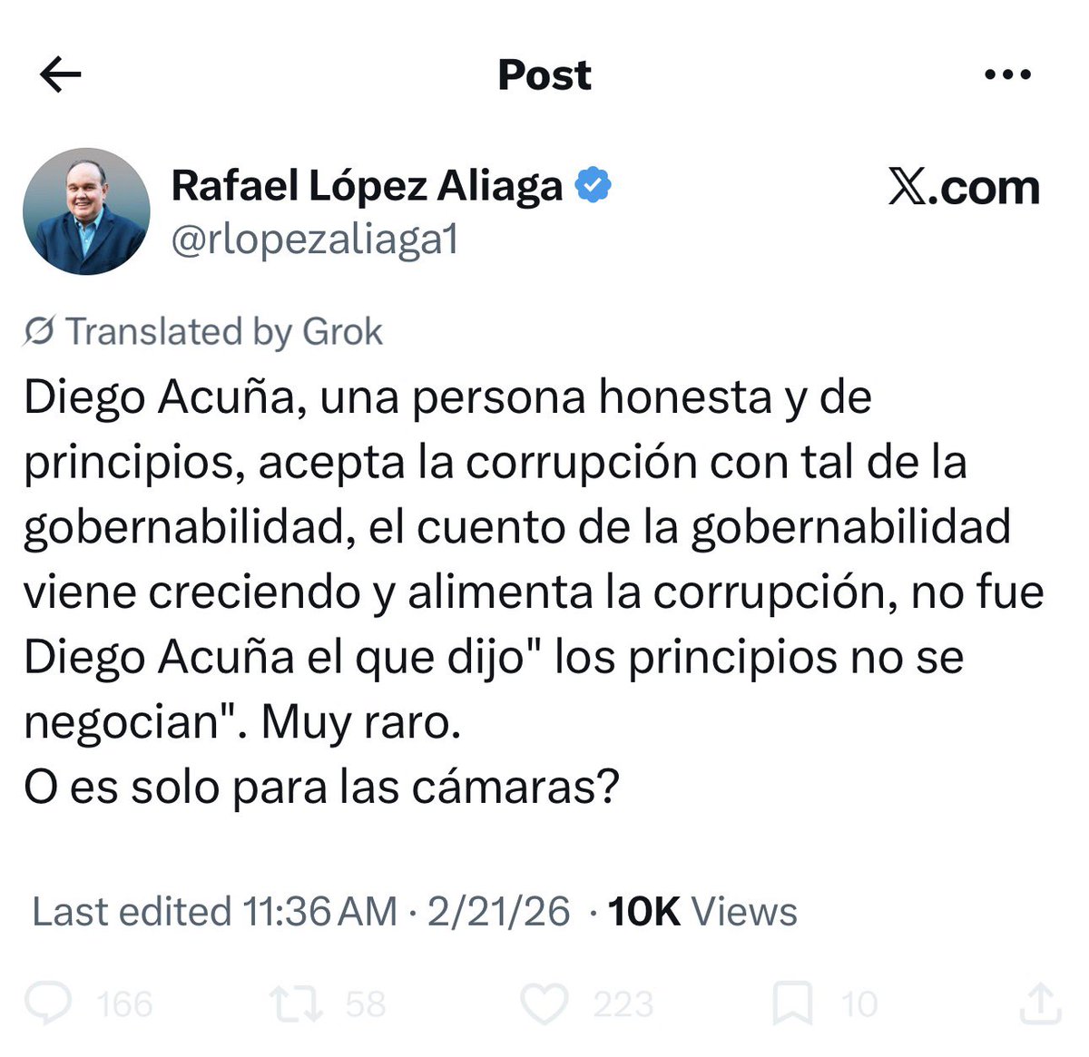 Cómo vas a calumniar de una manera tan cobarde a <a href="/DiegoAcuOficial/">Diego Acuña</a> ? 
Además, tú también sostuviste a Dina Boluarte en nombre de la gobernabilidad, y muchos te apoyamos en esa decisión, o ya se te olvidó? 
Pero claro, ahora es más cómodo ir con tu periodista “de ambiente”