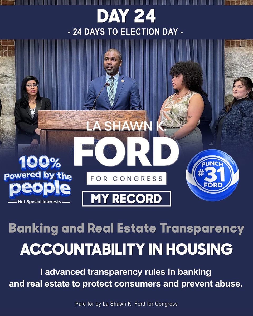 24 days to the Illinois Primary.

I advanced transparency rules in banking and real estate to protect consumers and promote accountability in housing.

Fairness matters.

Early voting is underway.
March 17 | Punch #31
#MyRecord #ConsumerProtection #FordForCongress #IL07