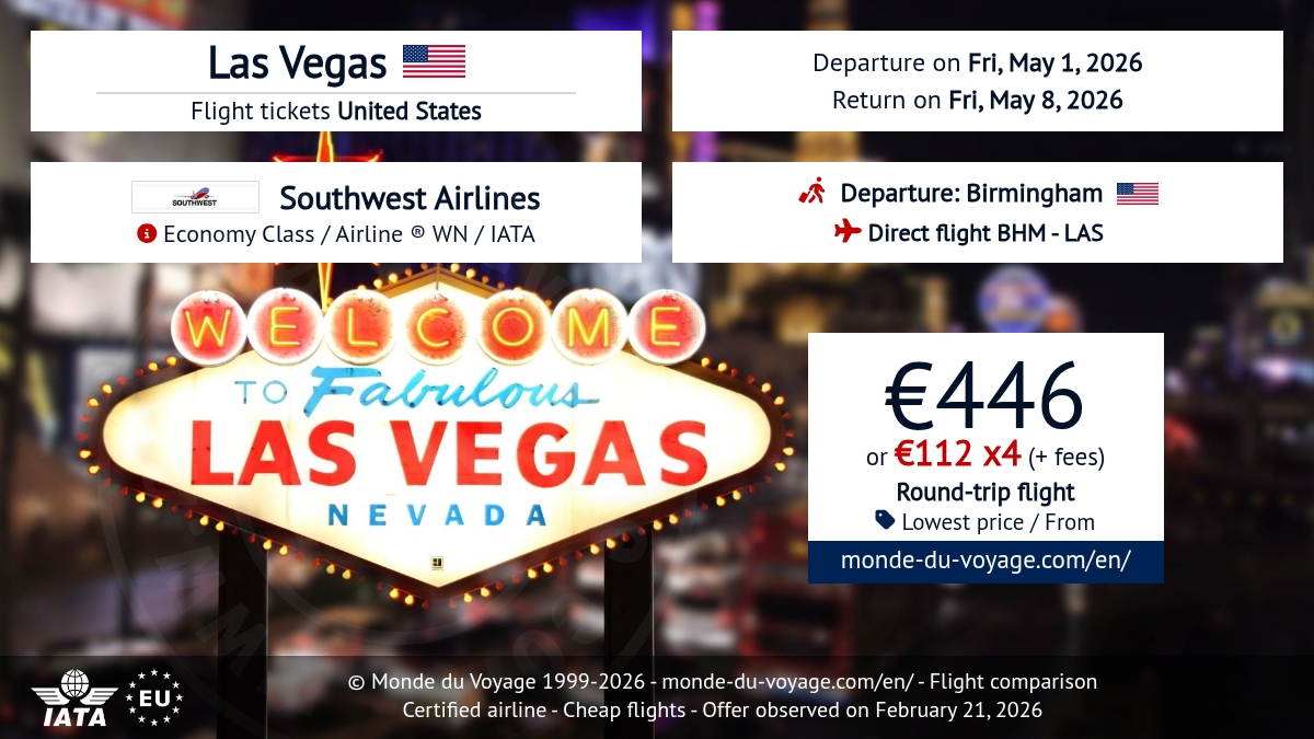 Monde_du_Voyage's tweet photo. ✈️ Round-trip nonstop flight from Birmingham to Las Vegas with Southwest Airlines WN for only €446! Payment in 3X or 4X available, promo code already applied 🔥 #Travel2026 #SouthwestAirlines #LasVegas #FlightDeal https://t.co/FlCZ4AIwRI https://t.co/Sck5a6imlm