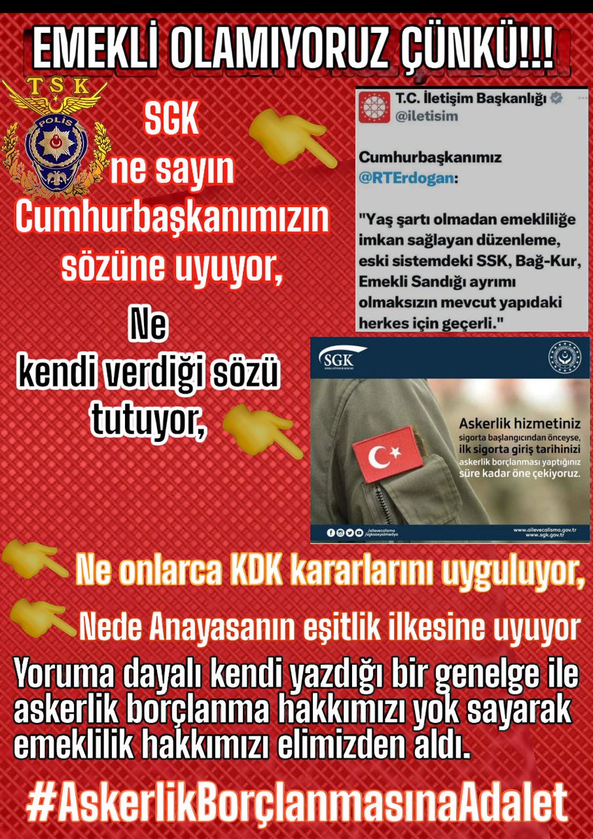 Davaro498's tweet photo. @bdemircioglu Eyt yasasında yapılan haksızlık !
Sgk nın kanuni olmayan yoruma dayalı çıkarmış olduğu bir genelge ile 
ASKERLİK BORÇLANMASINDA 
Polis asker ve memurlar mağdur edildi
Kamu Denetçiliği Kurumu haklılığımızı tescilledi NEDEN halen hakkımız verilmiyor ?
#AskerlikBorçlanmasınaAdalet https://t.co/yXjOPYN6nv