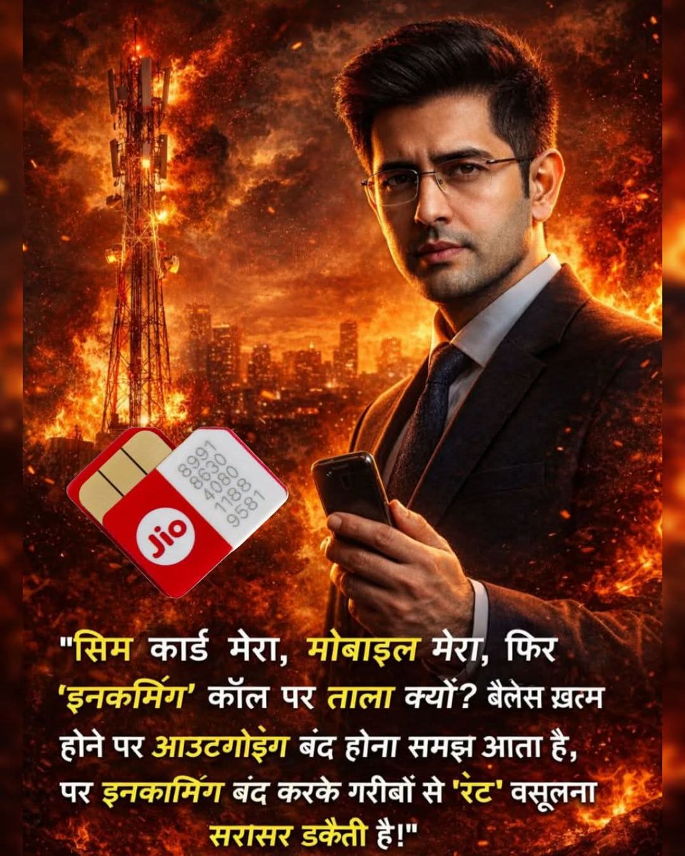 "सिम कार्ड मेरा, मोबाइल मेरा, फिर
'इनकमिंग' कॉल पर ताला क्यों?
बैलेंस खत्म होने पर आउटगोइंग बंद होना समझ आता है,
पर इनकमिंग बंद करके गरीबों से 'रेंट' वसूलना सरासर डकैती है।" <a href="/PMOIndia/">PMO India</a>
<a href="/Mayawati/">Mayawati</a> <a href="/AnandAkash_BSP/">Akash Anand</a> #knowledge #facts #educational #knowledge