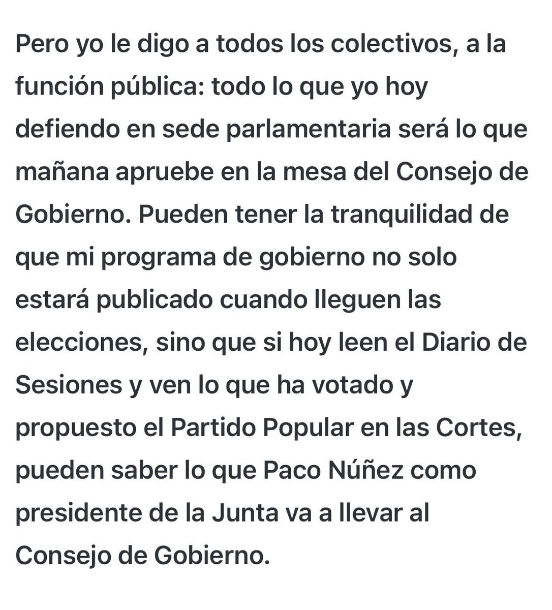Dice <a href="/paconunez_/">Paco Núñez</a> (después de defender en el Congreso, como comisionado de CLM, la norma más importante de una región y no mantener su palabra ni un trimestre) que todo lo que dice en sede parlamentario lo llevaría a un Consejo de Gobierno. Y que porfa, porfita, la gente le crea…