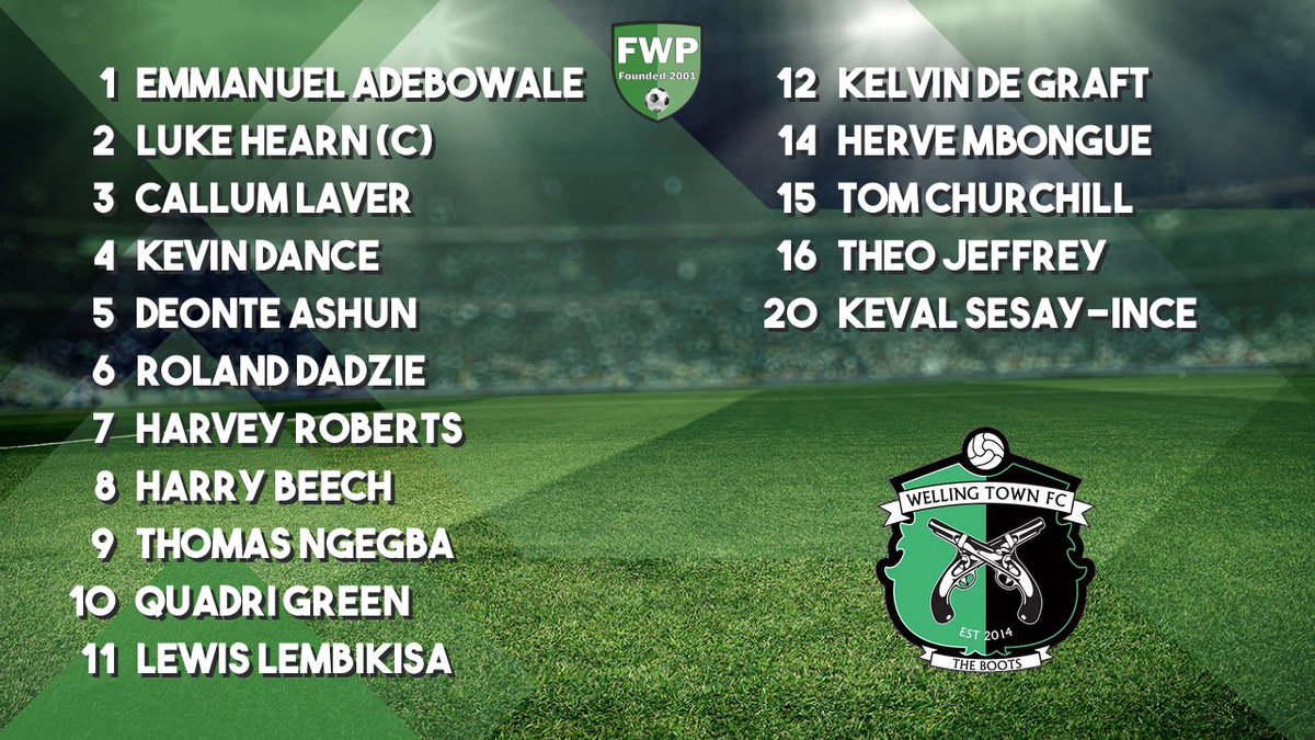 WellingTownFC's tweet photo. A debut start for Kevin Dance. With new signings Tom Churchill and Theo Jeffrey named on the bench 💚🖤🥾 https://t.co/fGZSKigwYn