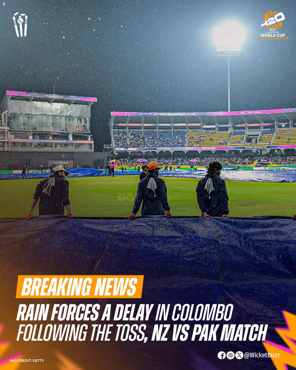 wicketbuzz's tweet photo. ๐ง๏ธ Rain interrupts play in Colombo right after the toss for the NZ vs PAK clash. Covers on, fans waiting as the weather plays spoilsport ๐๐
๐ธ Image Credit: Getty
#WicketBuzz #NZvPAK #T20WorldCup #RainDelay #CricketBuzz https://t.co/0EFY2bdv7L