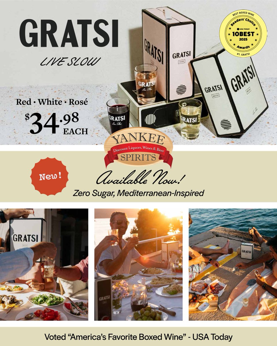 YankeeSpirits's tweet image. The wait is over.

GRATSI is finally here at Yankee Spirits and it was worth every second. Mediterranean-inspired wine is everything you didn't know you were missing. 

Available now at $34.98 each. Come get yours before it's gone.

#Gratsi #LiveSlow #BoxedWine #NewArrival