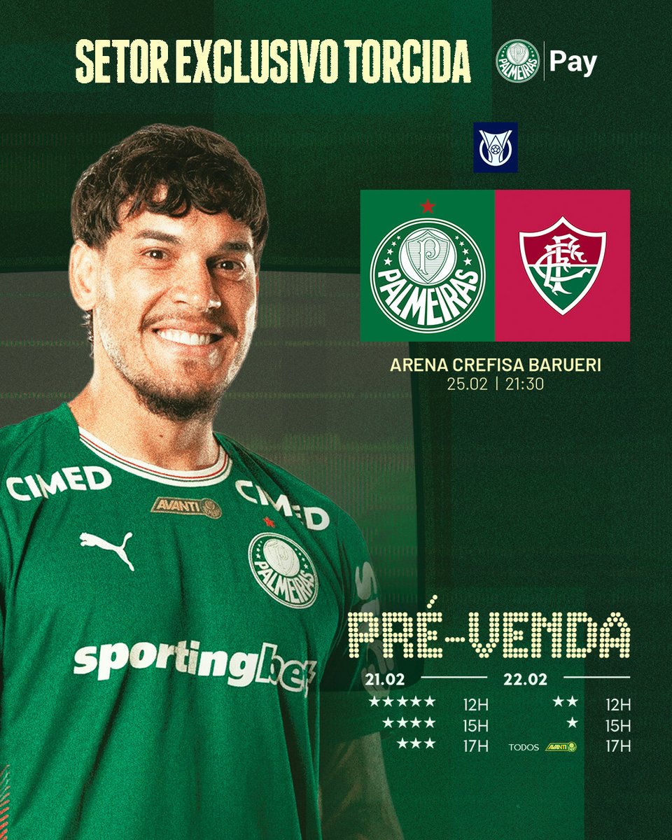 Começou a pré-venda <a href="/avantipalmeiras/">Avanti Palmeiras</a> para o jogo contra o Fluminense pelo Brasileirão! Garanta já o seu ingresso! 🎫 ➤ tinyurl.com/3v69r7x5