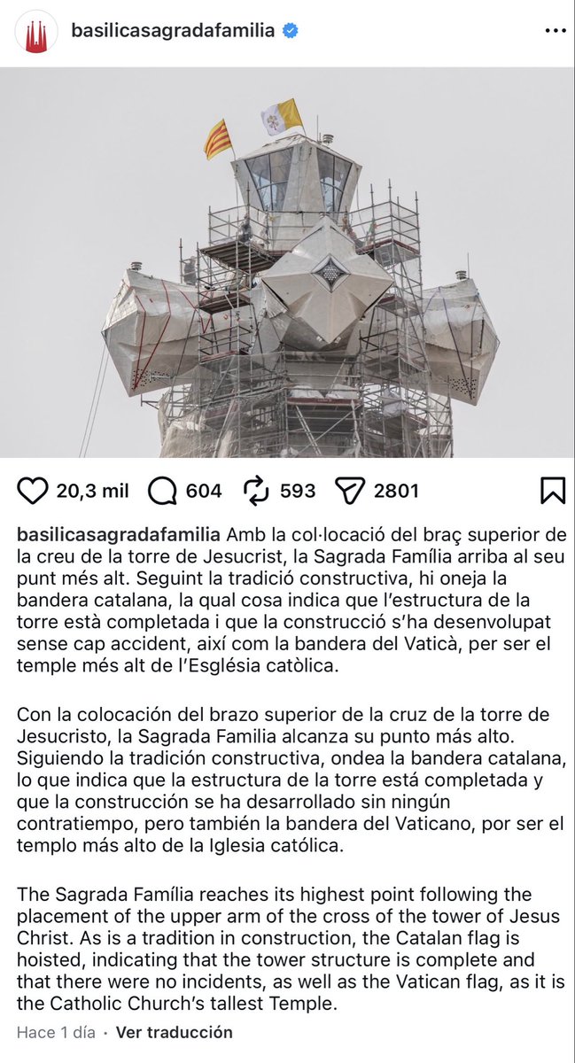 Que «el temple més alt de l’Església catòlica», coronat per la Creu de Crist, s’aixequi precisament a Barcelona —capital d’una Catalunya avui ja descreguda— només podria ésser considerat com el fruit d’un autèntic miracle, obrat per l’amor de Déu.