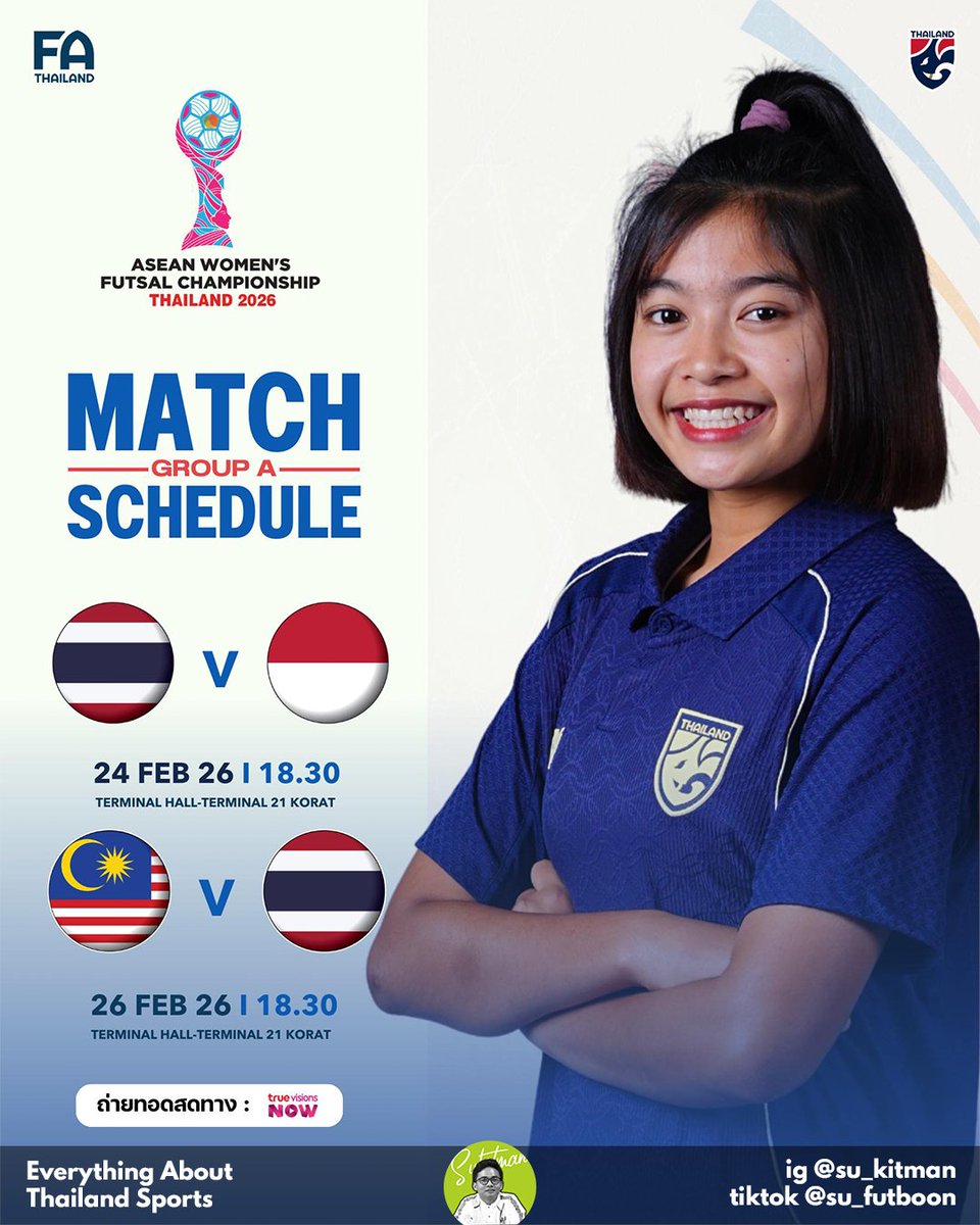 The three upcoming competitions that will soon be contested by the Thailand men's U23 national team, the Thailand women's U20 national team, and the Thailand senior women's futsal national team:
- CFA Intern. Youth U23
- Asean Womens Futsal Champs.
- Bee Girls Trophy 2026 U20