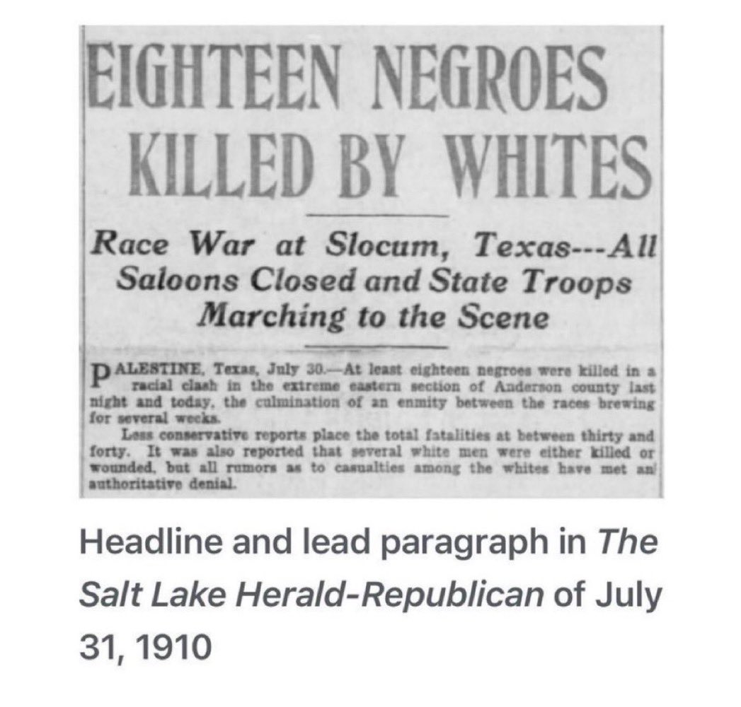 On July 29, 1910 hundreds of white people massacred Black residents of Slocum, Texas. 

It is believed that the massacre began after a Black worker was appointed to a position of authority on a road project.

Slocum, similar to Tulsa was a thriving Black community. 

In two days,