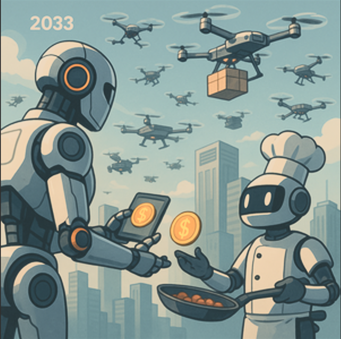 Glimpse of the Future (2033)
This presents a futuristic vision for <a href="/konnex_world/">Konnex</a> in 2033,  a decentralized mesh network where robots and AI agents autonomously negotiate, collaborate, and transact without relying on cloud servers.

Core Concept:
Instead of reporting to