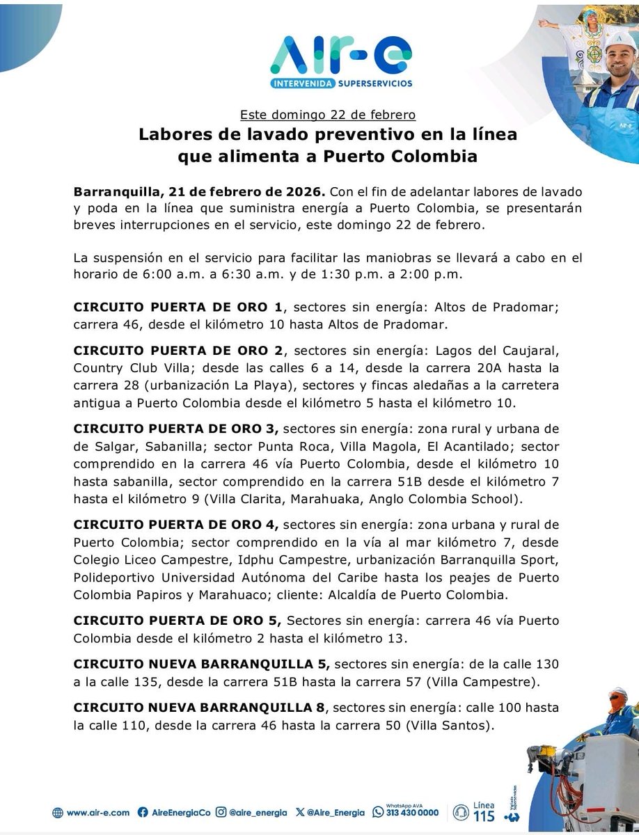 Aire_Energia's tweet image. ⚡ #MejorasProgramadas en #Atlántico 🌀
Este domingo 22 de febrero realizaremos trabajos de lavado y poda en la línea que suministra energía a Puerto Colombia.
Estas labores son necesarias para mantener la red en buen estado, prevenir fallas y garantizar un servicio más seguro y