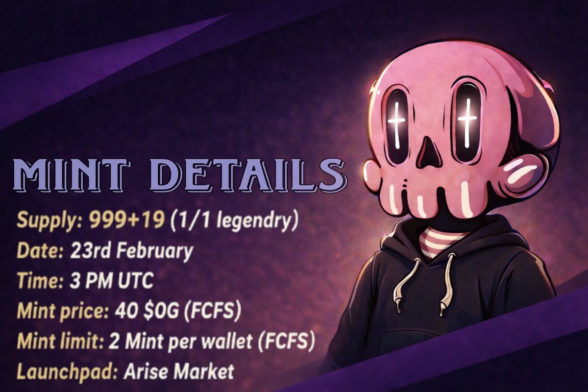 AriseVerse's tweet photo. MINT DETAILS (READ CAREFULLY)

🗓️ Mint Date: 23rd February
⏰ Mint Time:
• 3 PM UTC - FCFS
• Public round follows

💰 Mint Price:
• 40 $0G - FCFS
• 60 $0G - Public

📦 Supply Breakdown:
• 977 mintable supply
• 1017 total supply
• 19 - 1/1 Legendary
• 40 NFTs reserved for 0G builders

Launchpad: @Arise_Market powered by @AriseVerse
Chain: @0G_Labs

⚠️ FCFS means speed matters. Prepare early.