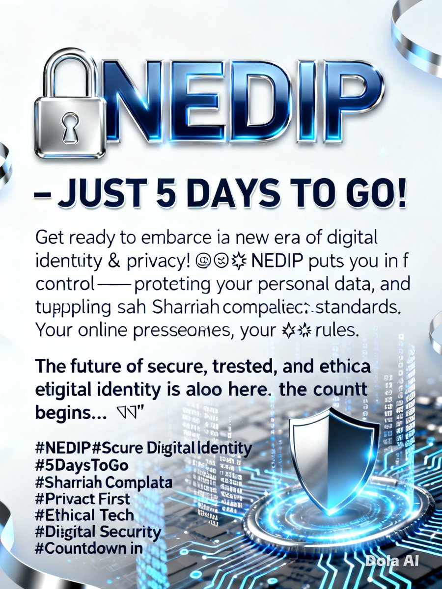 🔒 NEDIP – JUST 5 DAYS TO GO!
Get ready to embrace a new era of digital identity &amp; privacy! 🌐✨ NEDIP puts you in full control—protecting your personal data, ensuring transparency, and upholding Shariah-compliant ethical standards. Your online presence, your rules.
The future of