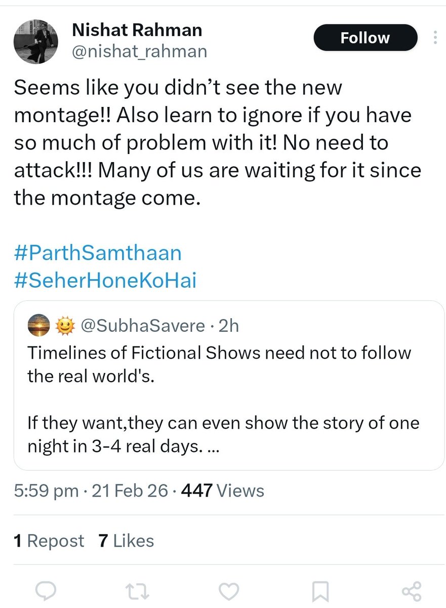 Simce you've blocked me...
Attack?
Why did you take it as Attack ??🤦‍♀️

I just said it on the basis of the  episodes &amp; nothing against any religious practice &amp; your pov.

I'm here just for an entertaining 
show &amp;  not at all interested in any kind of fandom fights.
#SeherHoneKoHai