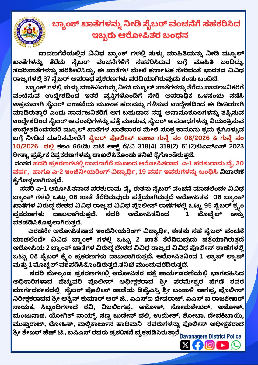 SpDavanagere's tweet photo. ದಾವಣಗೆರೆ ಜಿಲ್ಲಾ ಸೈಬರ್ ಪೊಲೀಸರ ಕಾರ್ಯಚರಣೆ: ಸುಳ್ಳು ಮಾಹಿತಿಯನ್ನು ನೀಡಿ ಬ್ಯಾಂಕ್ ಖಾತೆಗಳನ್ನು ತೆರೆದು, ಸೈಬರ್ ವಂಚನೆಗೆ ಸಹಕರಿಸಿದ ಇಬ್ಬರು ಆರೋಪಿತರ ಬಂಧನ. ಪೊಲೀಸ್ ಅಧೀಕ್ಷಕರಾದ ಶ್ರೀ  ಶೇಖರ್ ಹೆಚ್ ಟಿ., IPS ರವರಿಂದ  ಆರೋಪಿತರ ಪತ್ತೆ ಕಾರ್ಯ ತಂಡಕ್ಕೆ ಪ್ರಶಂಸನೆ     #spdavanagere #Cybercrime #cyberps
@DgpKarnataka https://t.co/eTmERMC2BN