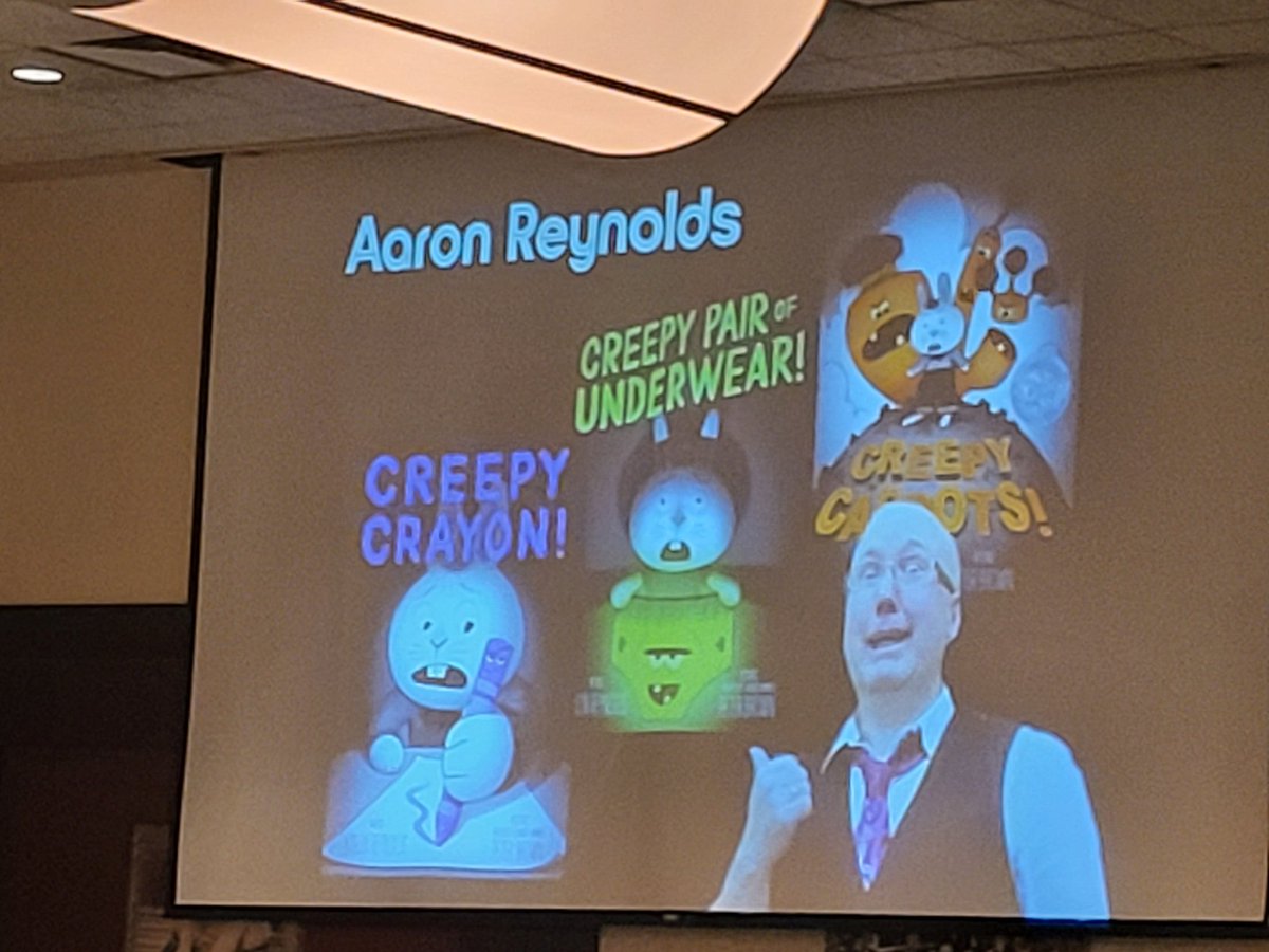 muellerspace's tweet photo. Aaron Reynolds describes himself as a "rowdy" kid. Not a reader because reading was a quiet thing to do. #ABCLB https://t.co/6KhOnIhmWG