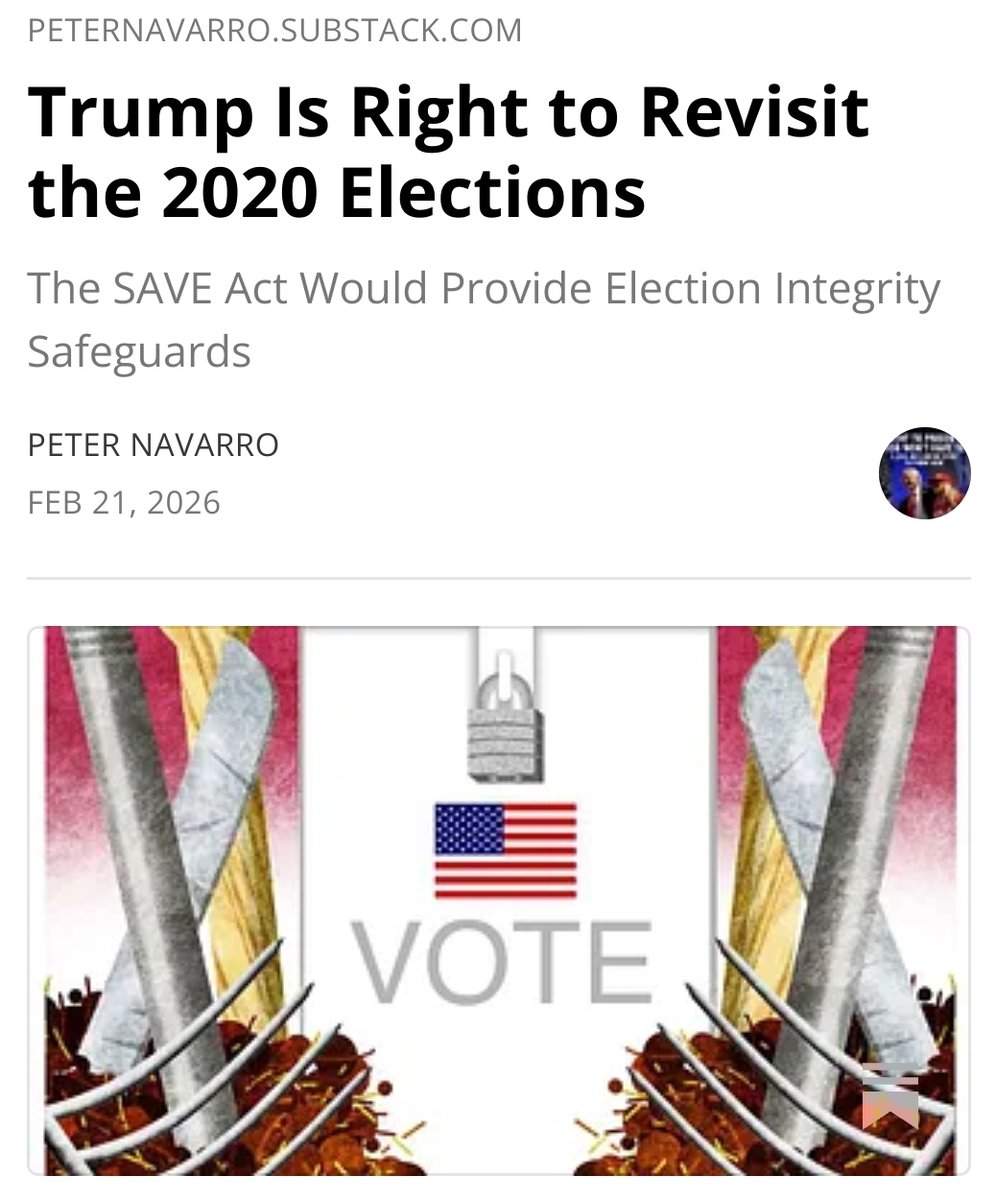 🚨 President Trump's push for voter identification, restored signature verification, and consistent enforcement is the only credible path to restoring confidence in the ballot.

Read my <a href="/WashTimes/">The Washington Times</a> piece here. 👇
peternavarro.substack.com/p/trump-is-rig…