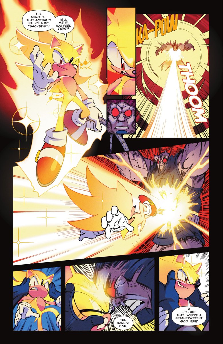 According to Sonic in DC X Sonic the Hedgehog #4, Darkseid's Omega Beams hardly seem to hurt Super Sonic.

It doesn't seem like Darkseid himself can even do much against Super Sonic in general.