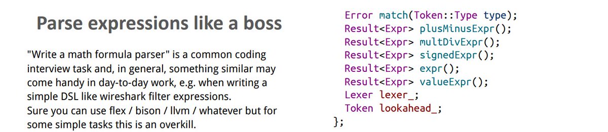 Parsing expressions is a pretty nice exercise for programmers! kudos to <a href="/Shephf/">Stanislav Vorobiov</a> for this article! I understand sometimes flex+bison, or using LLVM for certain uses is overkill.
I read some time ago about using lists instead of trees to store expressions, saving memory..