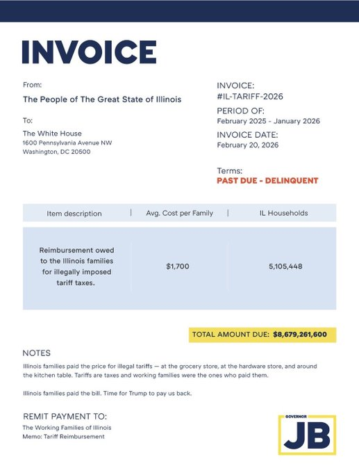 El gobernador del estado de Illinois ha enviado una factura de 8.600 millones de dólares a Trump para que les devuelva lo cobrado en aranceles.

Se va a poner divertido todo esto...