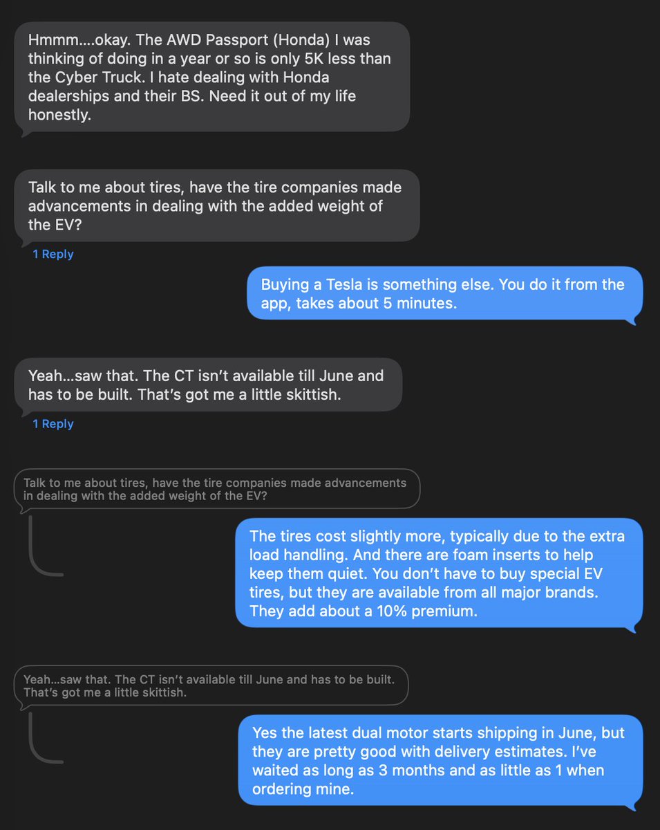 How to sell a Cybertruck 📐 via text - an actual conversation with my friend Chris this morning.

Chris: “Help me with yearly maintenance costs on the Tesla pls.”

Me: “Assume 15k miles?”

Chris: “Maybe 20 but yes 15 is good”

Me: “OK will use 20 as an example. My Wife’s Model Y