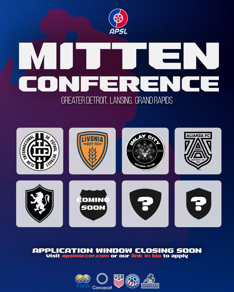 APSLSoccer_'s tweet photo. 📍 Mitten Conference Update

The APSL Mitten Conference is coming together across Michigan, with a strong group of committed clubs confirmed as momentum builds toward the upcoming season.
⏳ Apply at https://t.co/CMzS8lSsuz https://t.co/HGmrPOllIE
