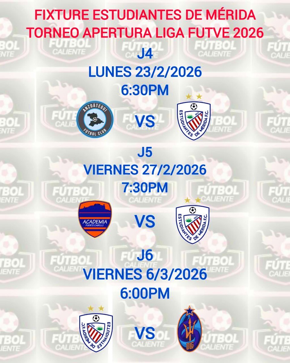 🔥🔥ATENCIÓN🔥🔥
Próximos 3 juegos de <a href="/EstudiantesMEFC/">Estudiantes de Mérida FC</a> 
📆 <a href="/Tavocolmenares/">Gustavo E Colmenares🔴⚪</a> 
Info. <a href="/chuchojemez/">𝙅𝙚𝙨𝙪́𝙨 𝙈𝙚𝙣𝙙𝙤𝙯𝙖</a>