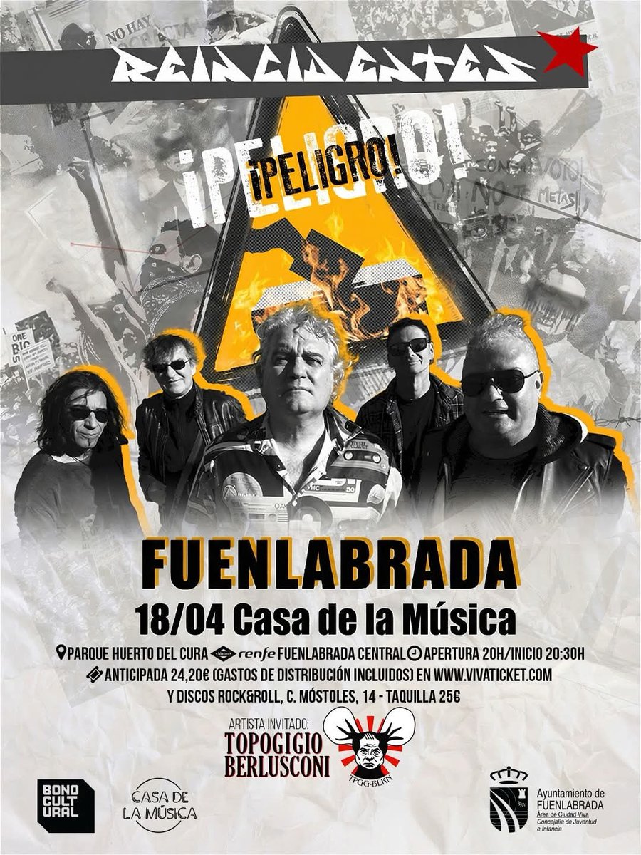 FiestasdeFuenla's tweet photo. Reincidentes llegan a Fuenlabrada con su gira de presentación de su nuevo disco. El sábado 18 de Abril a las 20:30h, actuarán en La Casa de la Música junto a Topogiggio Berlusconi.

https://t.co/7MvHV48zuO

#Fuenlabrada #fuenla #fuenlarock #reincidentes #casadelamúsica https://t.co/L9QYyYBjLA