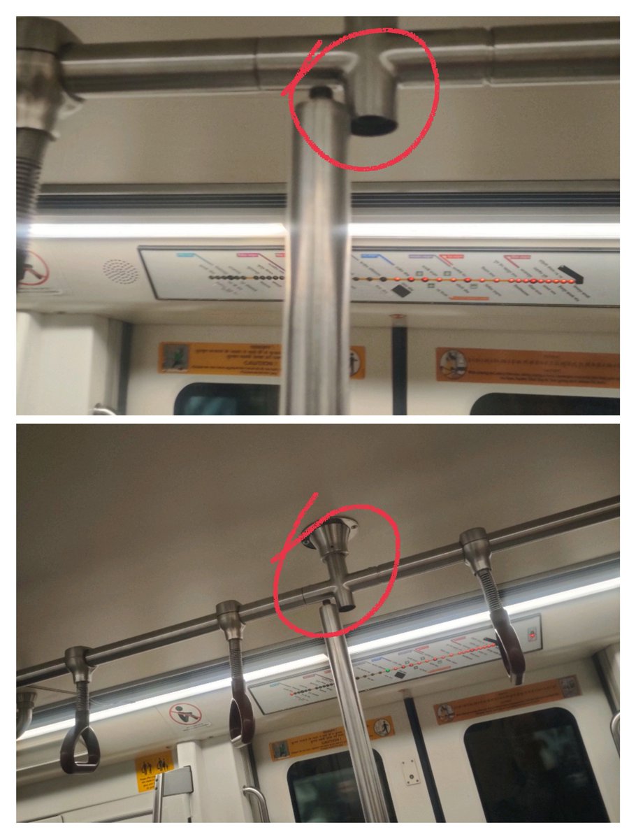 i_amdk's tweet photo. @OfficialDMRC @delhimetro It's broken in coach number M2C56 on the Delhi Metro's Yellow Line. Please pay attention to it and fix it. Someone could get hurt while standing and holding on to it. https://t.co/0pWBOd1h32