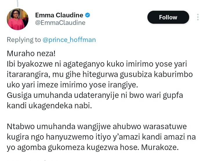 ChallUmurerwa's tweet photo. Ngo kuba umuvugizi bisaba kubeshya no kuryama kumakosa yakozwe mukajya kuyakosorera hirya aho tutabona uyu nyakubahwa @EmmaClaudine kuriyo ngingo abirimo neza rwose nakomereze aho ariko uko mbibona mumboni zanjye bizarangira azize amakosa y'abandi niyo azamutwara https://t.co/5r2xMjDmbC