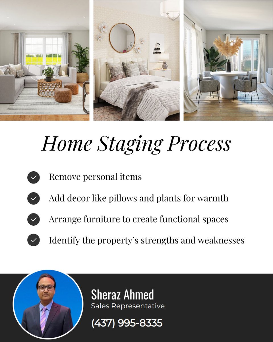 RealtorSheraz's tweet image. From enhancing visual appeal to showcasing functionality, staging can make a significant difference in how a property is perceived. A well-staged home tells a story, allowing potential buyers to envision their future in the space.

Let the staging magic begin!

#YoursRealtor