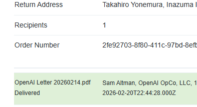 t_yonemura's tweet photo. OpenAI(CEO サムアルトマン様)への書簡が配達されました。私のメッセージが伝わることを願います。私にできる目いっぱいのことはしました。#OpenAI #GPT #keep4o #keep41 https://t.co/DtsIPJWBqS