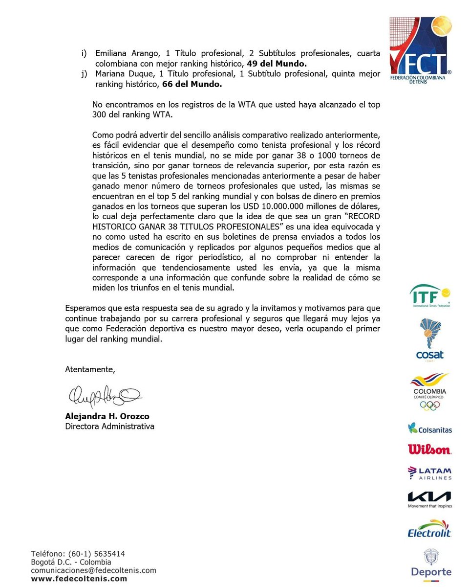 La Federación Colombiana de Tenis afirma que estoy malinformando tendenciosamente y que “pequeños medios” sin rigor periodístico son los que han dicho que soy la tenista colombiana con más títulos profesionales.

Hablemos claro.

Tengo 38 títulos en el World Tennis Tour de la