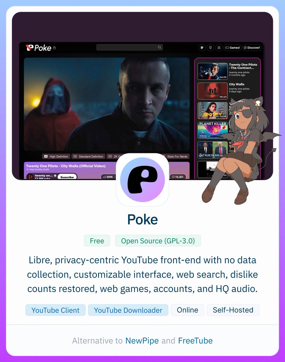 Free, open-source, and ad-free YouTube frontend with no cookies, dislike button, PWA install, and customizable CSS