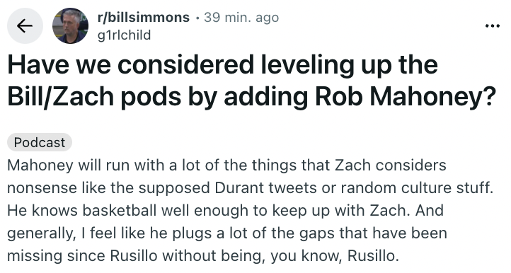 The r/BillSimmons Podcast tweet media
