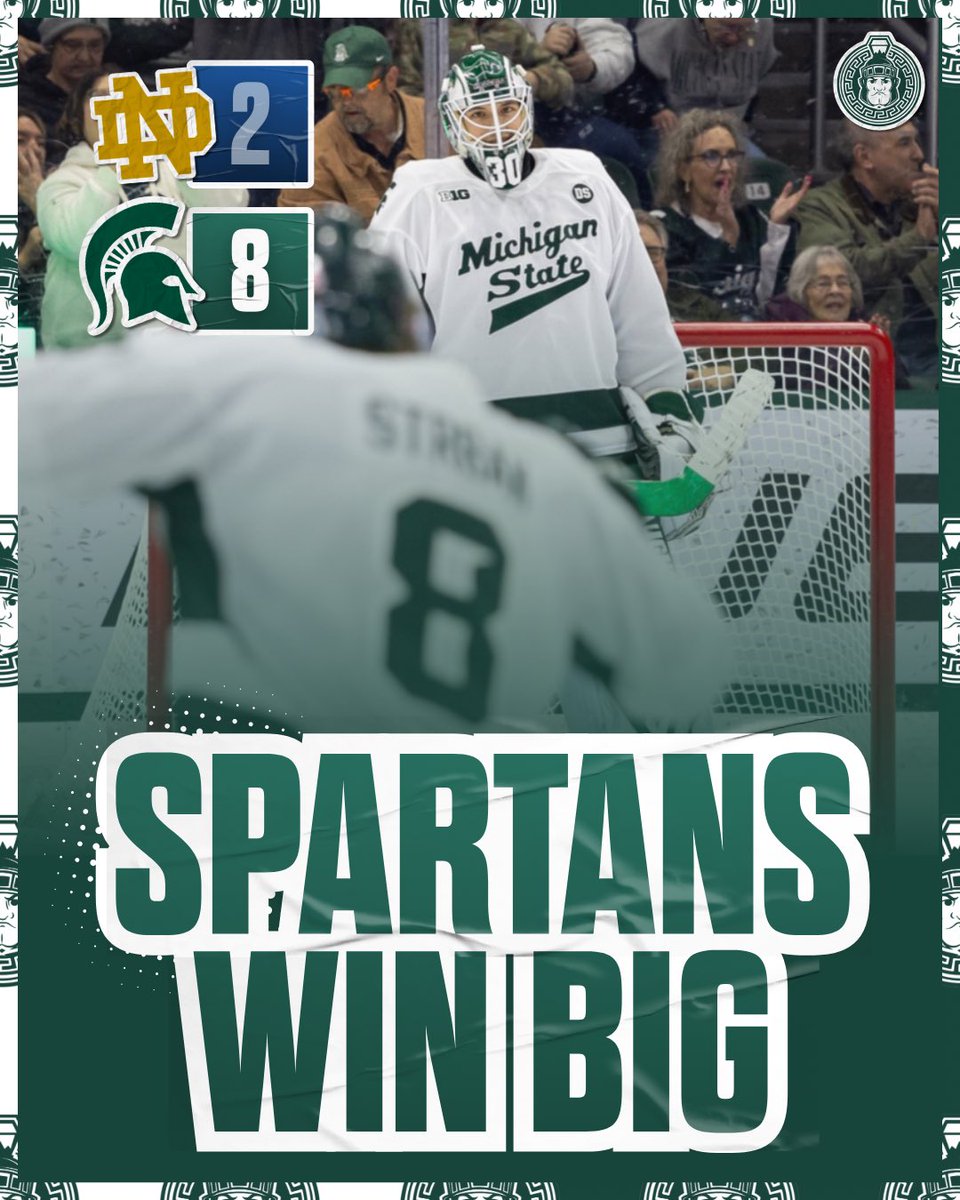 Final from yesterday:

Michigan State Spartans men’s ice hockey 8
Notre Dame Fighting Irish men’s ice hockey 2

Spartans explode for eight and handle business at home.

#MSUHockey #CollegeHockey