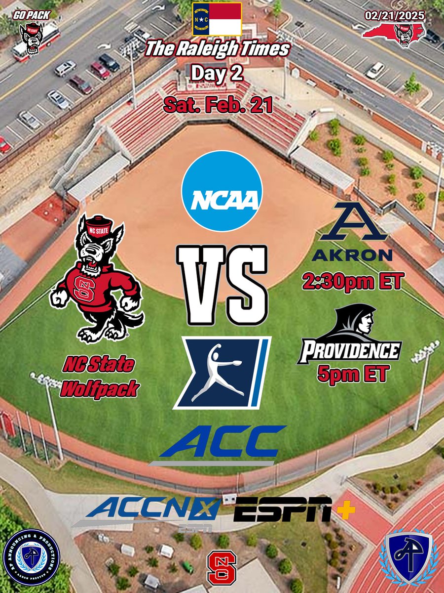 ☀️ Today (02/21/2026) 📆
🏫 NCAA Softball ⚾️
The Raleigh Times
Day 1

Game 1
NC State Wolfpack 🐺
🆚️
Akron Zips 🦘
🕝 2:30pm ET

Game 2
NC State Wolfpack 🐺
🆚️
Providence Friars 🤵‍♂️
🕔 5pm ET

📍Dail Softball Stadium

🎟 FREE 

📺 ACCNX &amp; ESPN+

#GoPack